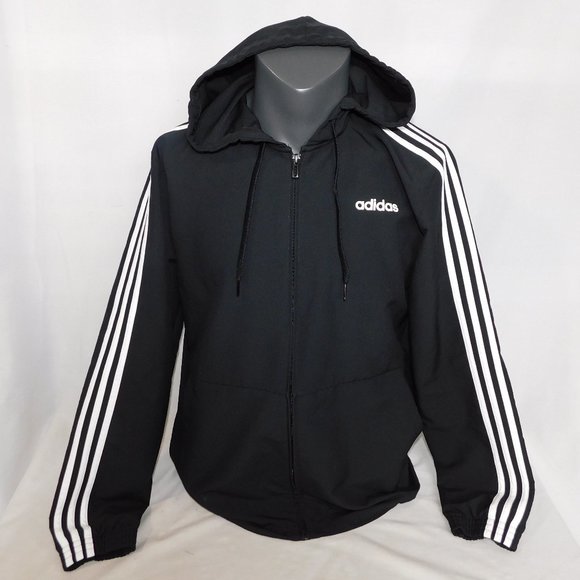 adidas Other - Adidas Essentials Mens M Black Hooded 3 Stripe Woven Windbreaker Jacket Full Zip